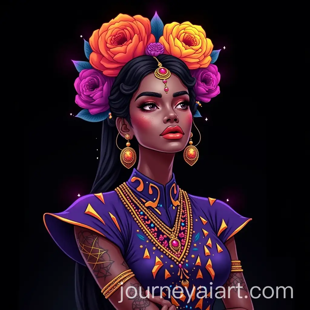 Regal-Figure-with-Marigold-Headpiece-and-Tribal-Tattoos-in-Vibrant-Vector-Style