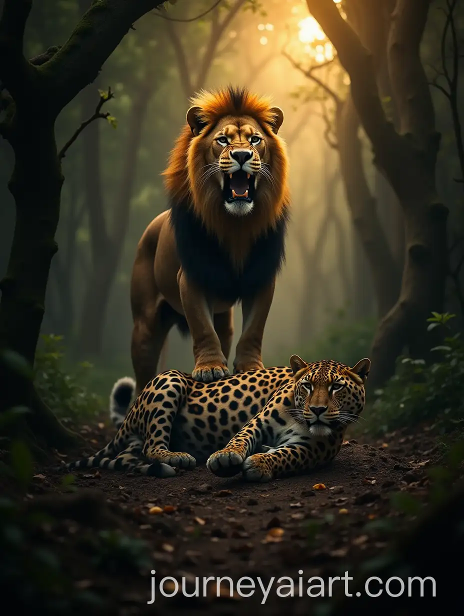 Majestic-Lion-Triumphs-Over-Leopard-in-Dramatic-Forest-Scene