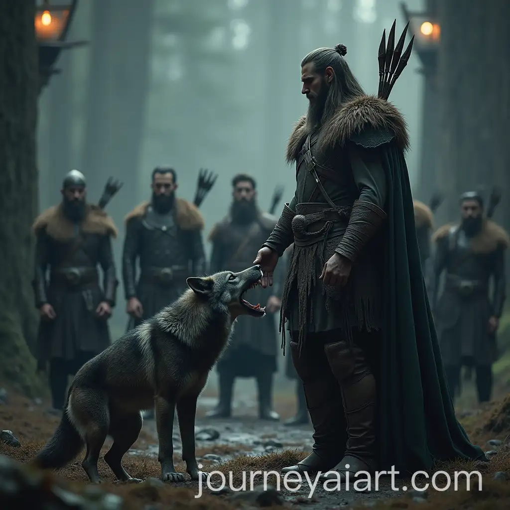 Mythological-Scene-Norse-God-Tyr-Confronts-a-Wolf-with-Archers-in-Modern-Setting