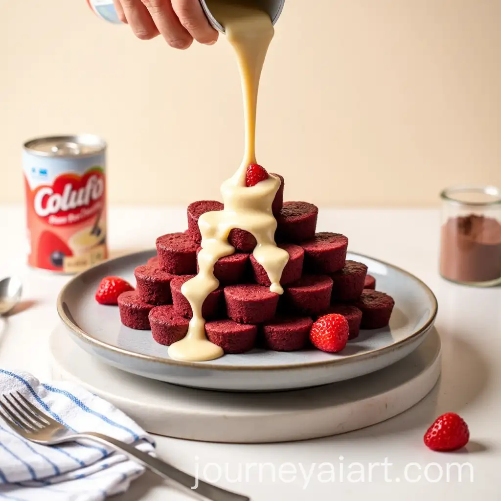Stacked-Red-Velvet-Cakes-with-Creamy-Sauce-and-Fresh-Strawberries
