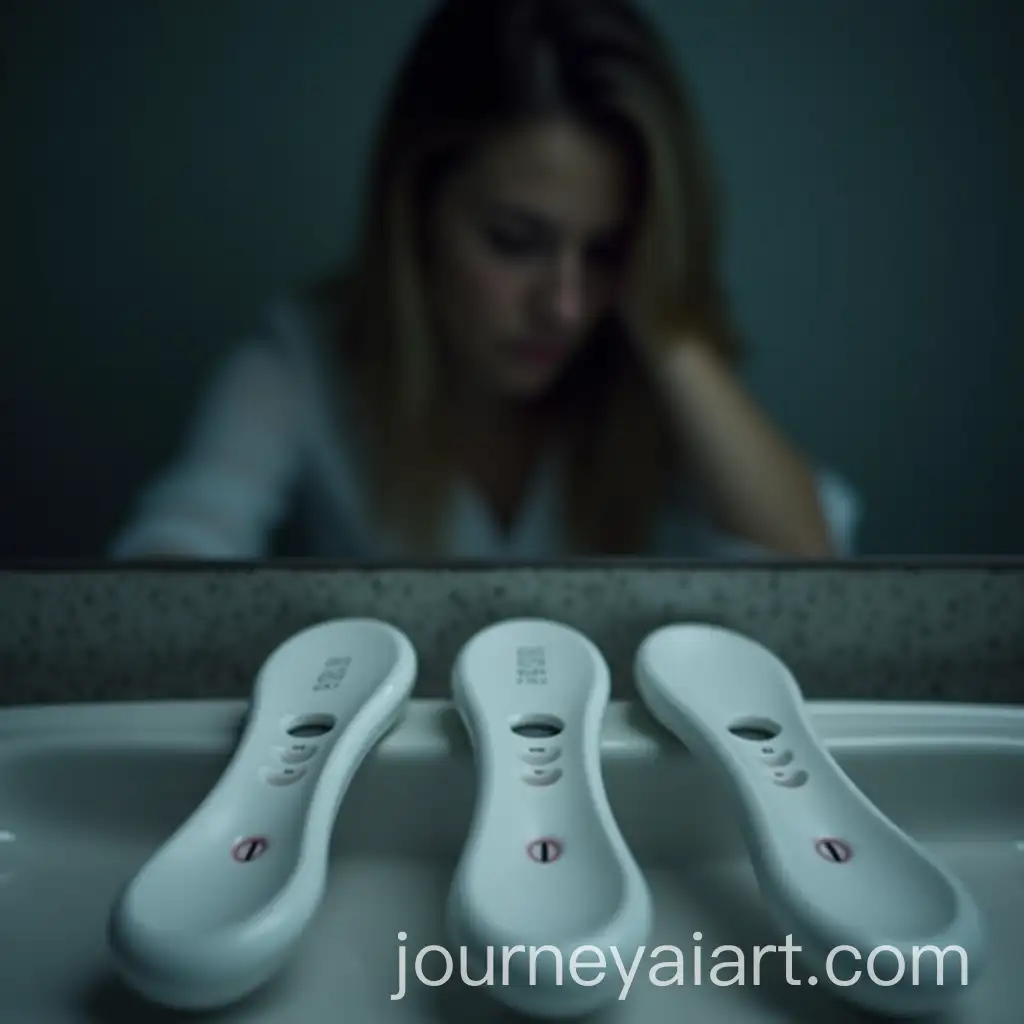 CloseUp-of-Negative-Pregnancy-Tests-in-Dim-Bathroom-with-Reflected-Distressed-Woman