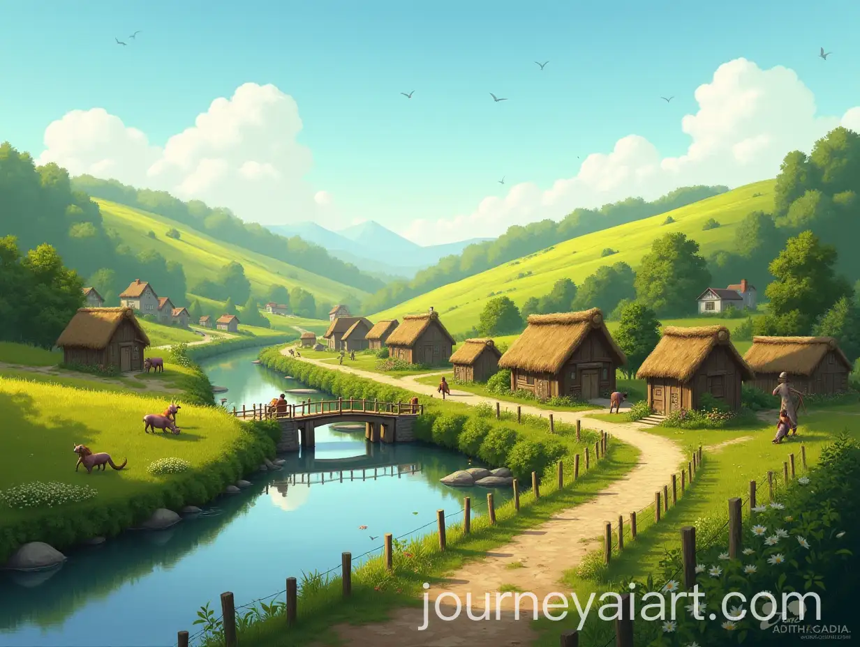 Serene-Countryside-Village-with-Traditional-Houses-and-Lush-Fields-at-Sunset