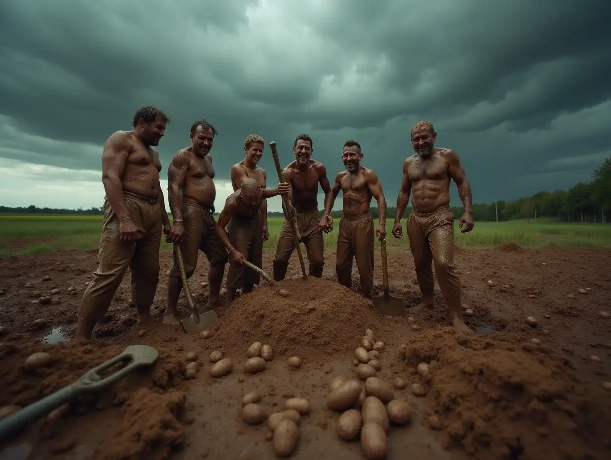 In a lively, mud-soaked scene, Caucasian people covered head-to-toe in thick brown sludge enthusiastically dig and pull potatoes out of the muck, their joyful expressions and triumphant gestures capturing the spirited camaraderie of the messy harvest, Shovels and pitchforks are scattered around, Dramatic lighting, black clouds have gathered, there is a heavy downpour, a hurricane is about to begin, grainy, cinematic view