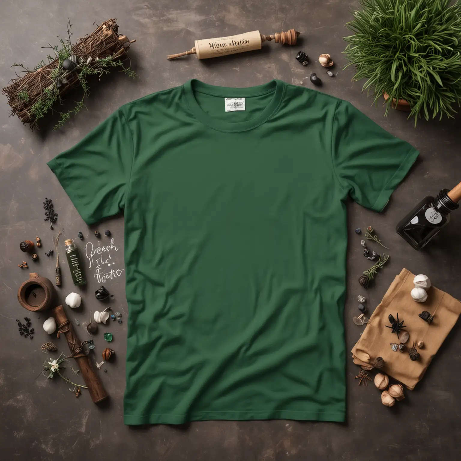 Plain Cotton Green CrewNeck Shirt Surrounded by Witch Potions Decor