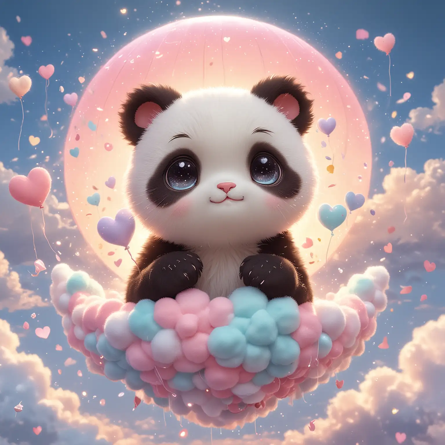 An adorable kawaii cat with sparkling eyes, soft fur, and small round ears falls madly in love with a charming panda. The scene takes place in a fairy-tale setting with pastel colors, fluffy clouds, and floating hearts around them. The style is inspired by Japanese anime, detailed, sweet and full of tenderness, capturing a magical and touching moment.