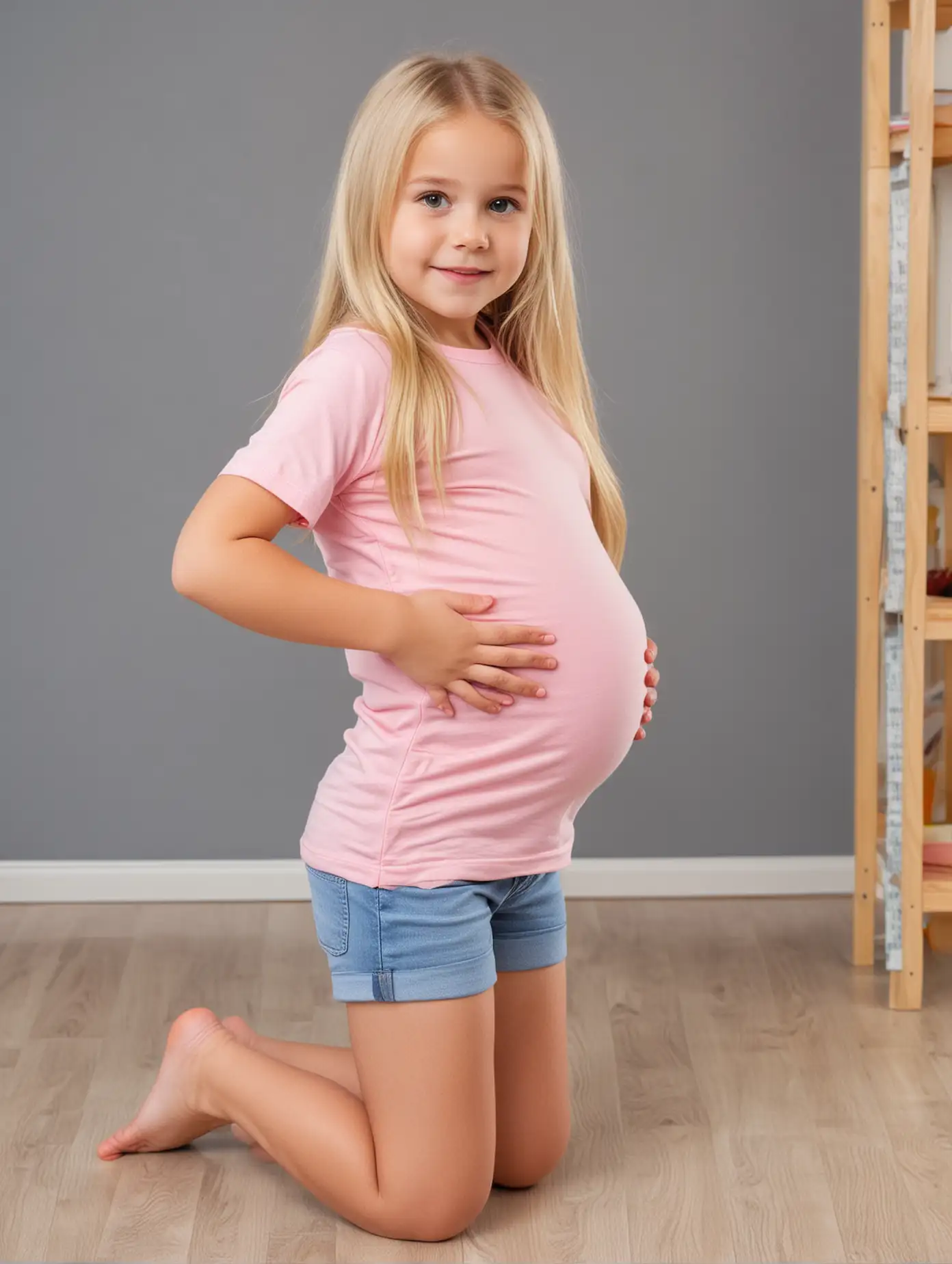 Young-Girl-with-Long-Blonde-Hair-and-Pregnant-Belly-at-Preschool