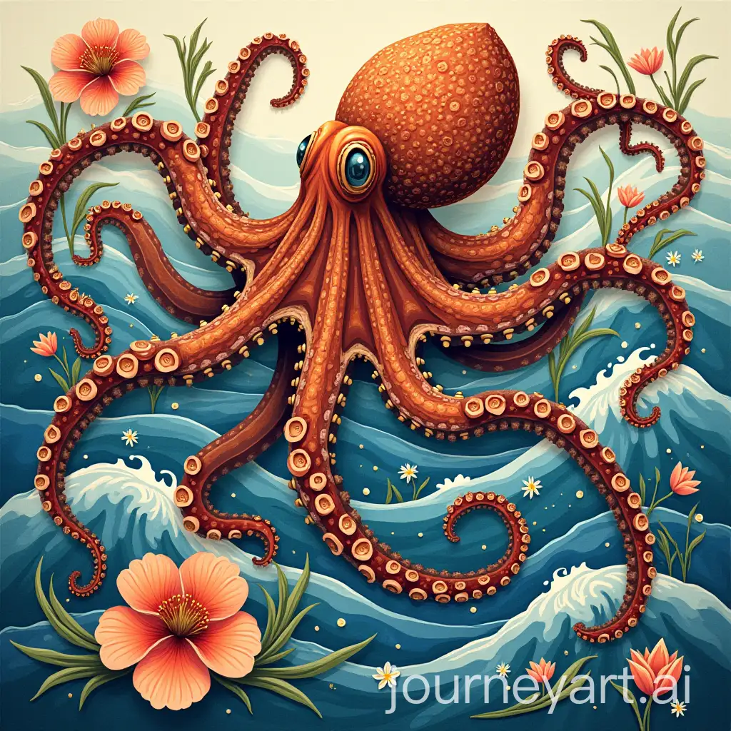 Octopus-Interacting-with-Waves-and-Flowers-in-Golden-Ratio-Composition