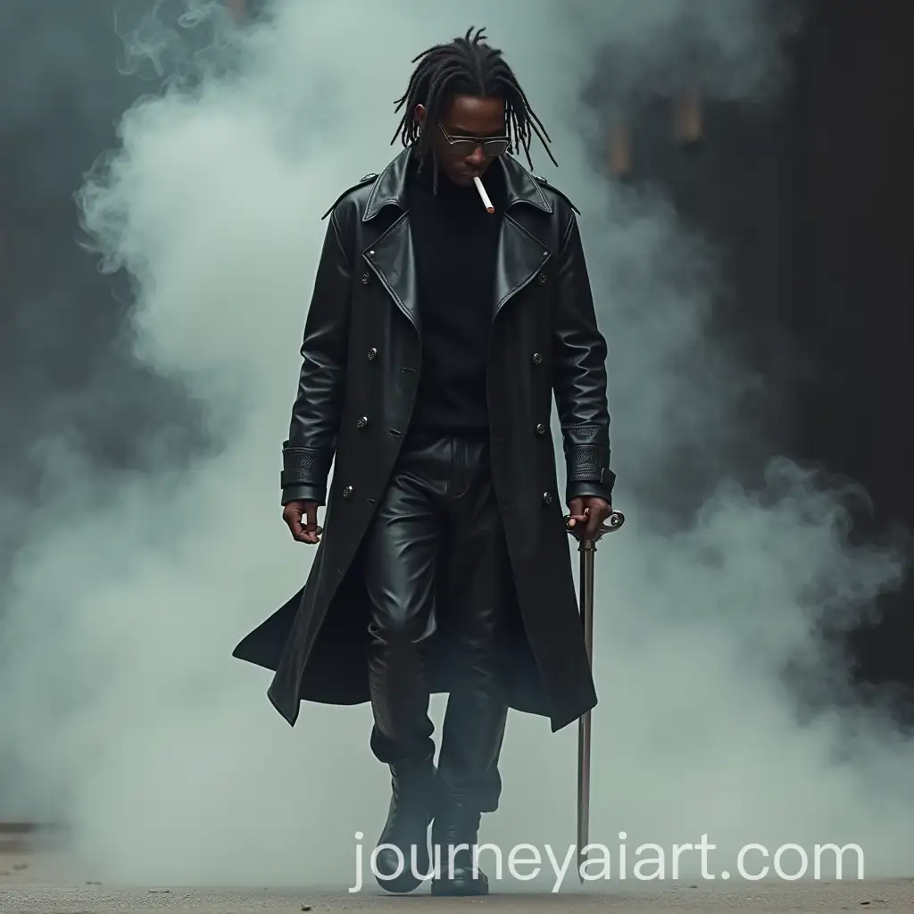 Stylish-Black-Man-in-Leather-Trenchcoat-and-Rick-Owens-Boots-Holding-Sword-Walking-Through-Smoke