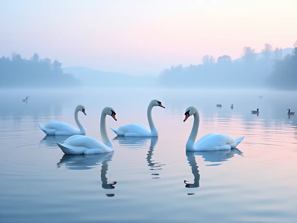 Tranquil-Lake-at-Dawn-with-Swans-and-Ducks-in-Pastel-Hues