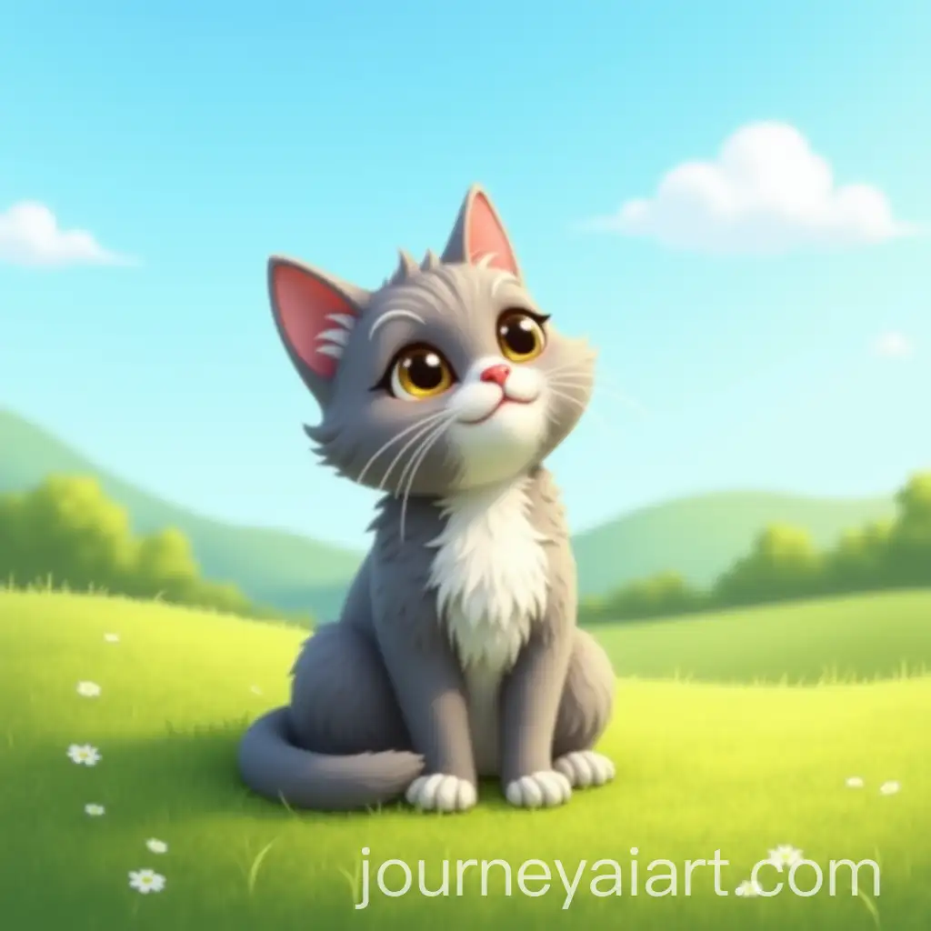 Gray-Domestic-Cat-Sitting-in-Lush-Meadow-under-Blue-Sky