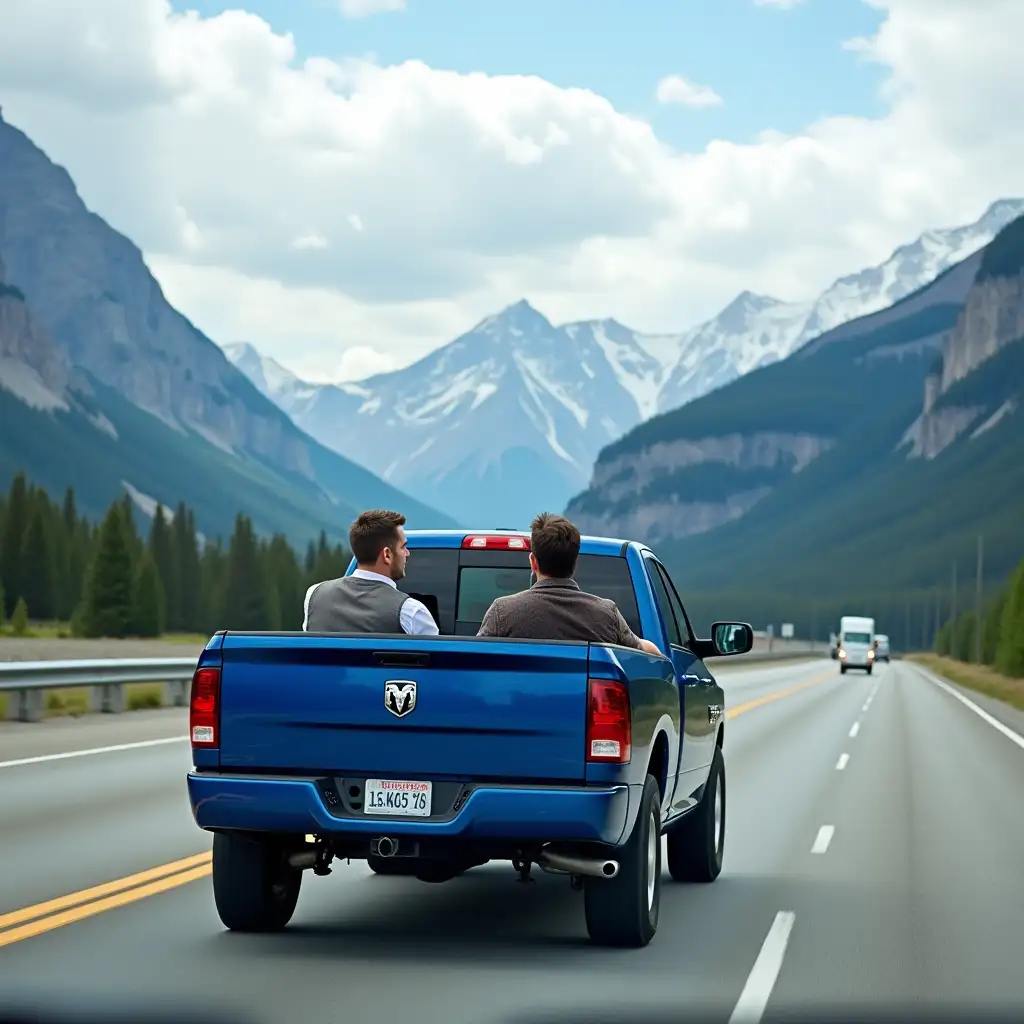 Picture of 2 people in a blue dodge ram 1500 driving through the rockies on the trans-canada highway