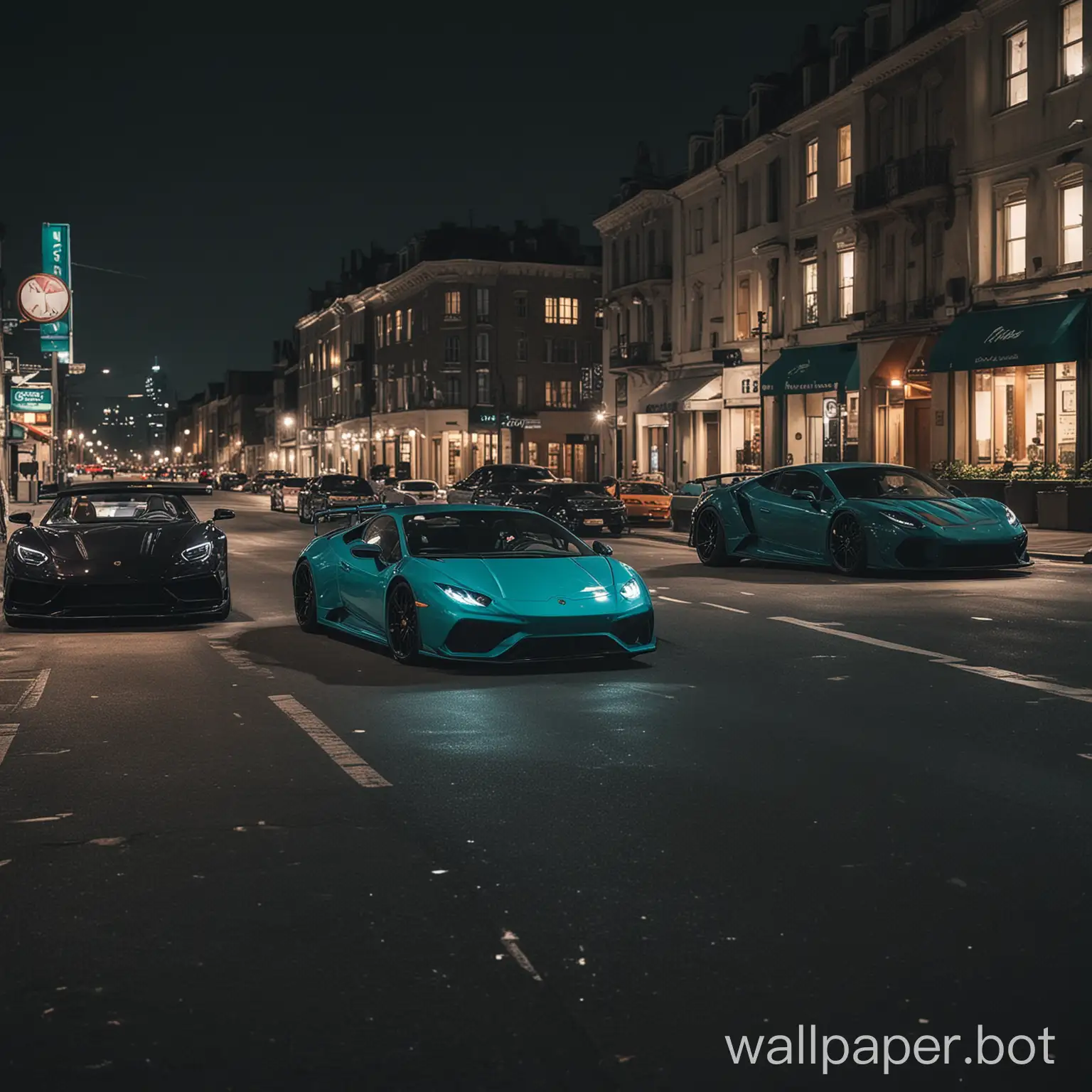 Night city with a teal Lamborghini Huracan, teal Porsche 911 GT3RS, black 200 Ford Mustang