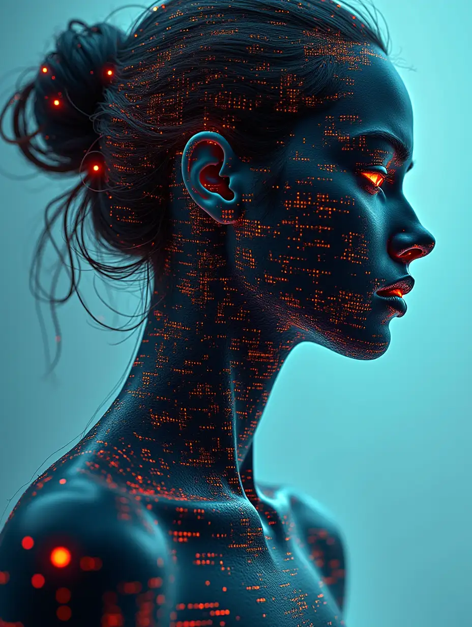 Futuristic Artwork | Female fashion model made up of computer code and technological shapes | Avant-garde and creative design | Complex and meticulous details | Combination of tech and fashion motifs | Dynamic and engaging composition | High-resolution and visually impressive