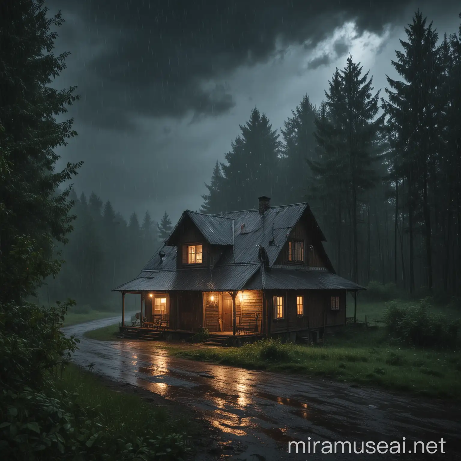 House in the Middle of the Forest during Heavy Rain and Cloudy Night