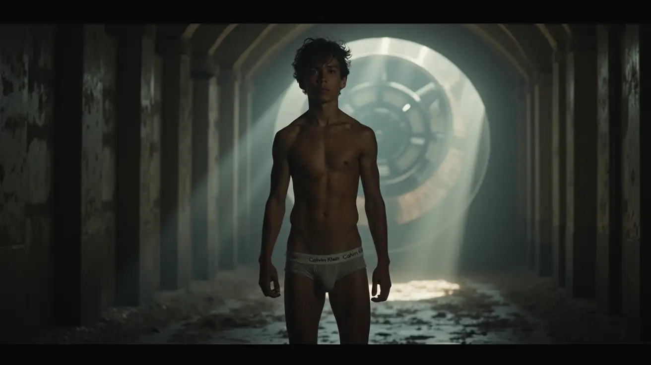 Muscular-Teen-Boy-in-Industrial-Tunnel-Backlit-by-Ventilation-Fan