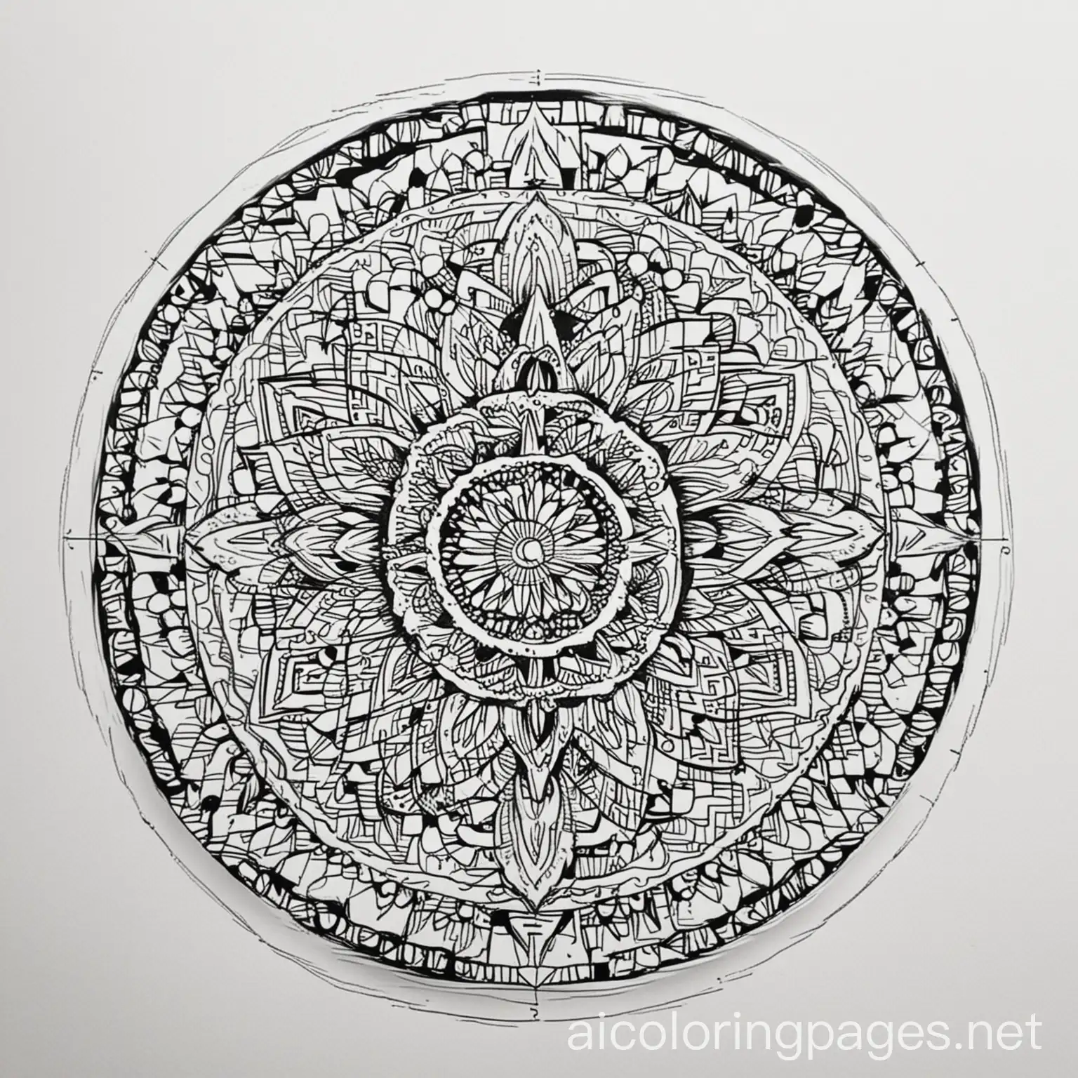 Mandala, Coloring Page, black and white, line art, white background, Simplicity, Ample White Space. The background of the coloring page is plain white to make it easy for young children to color within the lines. The outlines of all the subjects are easy to distinguish, making it simple for kids to color without too much difficulty