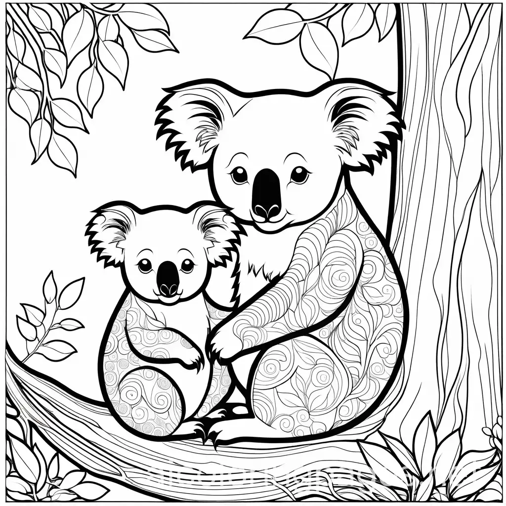 Koala bear sitting with baby koala bear by tree for coloring book with intricate lines and patterns and thick black lines, Coloring Page, black and white, line art, white background, Simplicity, Ample White Space. The background of the coloring page is plain white to make it easy for young children to color within the lines. The outlines of all the subjects are easy to distinguish, making it simple for kids to color without too much difficulty