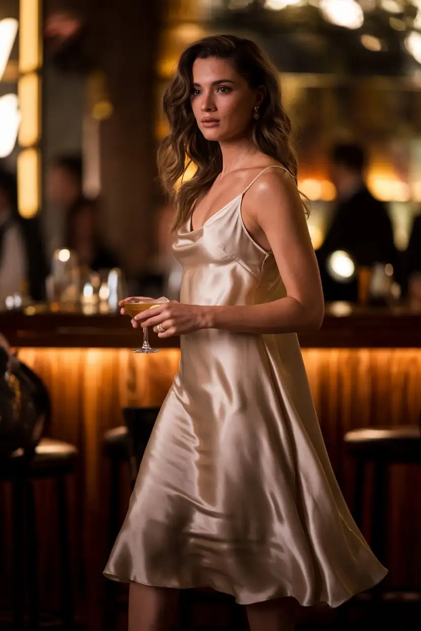 A stunning woman in her late 2s with wavy brown hair, wearing a flowing, champagne-colored silk slip dress that hits just below the knee. The dress has delicate spaghetti straps and a subtle sheen. She is standing in a dimly lit, stylish bar with soft, warm lighting. The background is slightly blurred, showing hints of other people and the bar's ambiance. She is holding a delicate cocktail glass. The overall mood is sophisticated and relaxed.