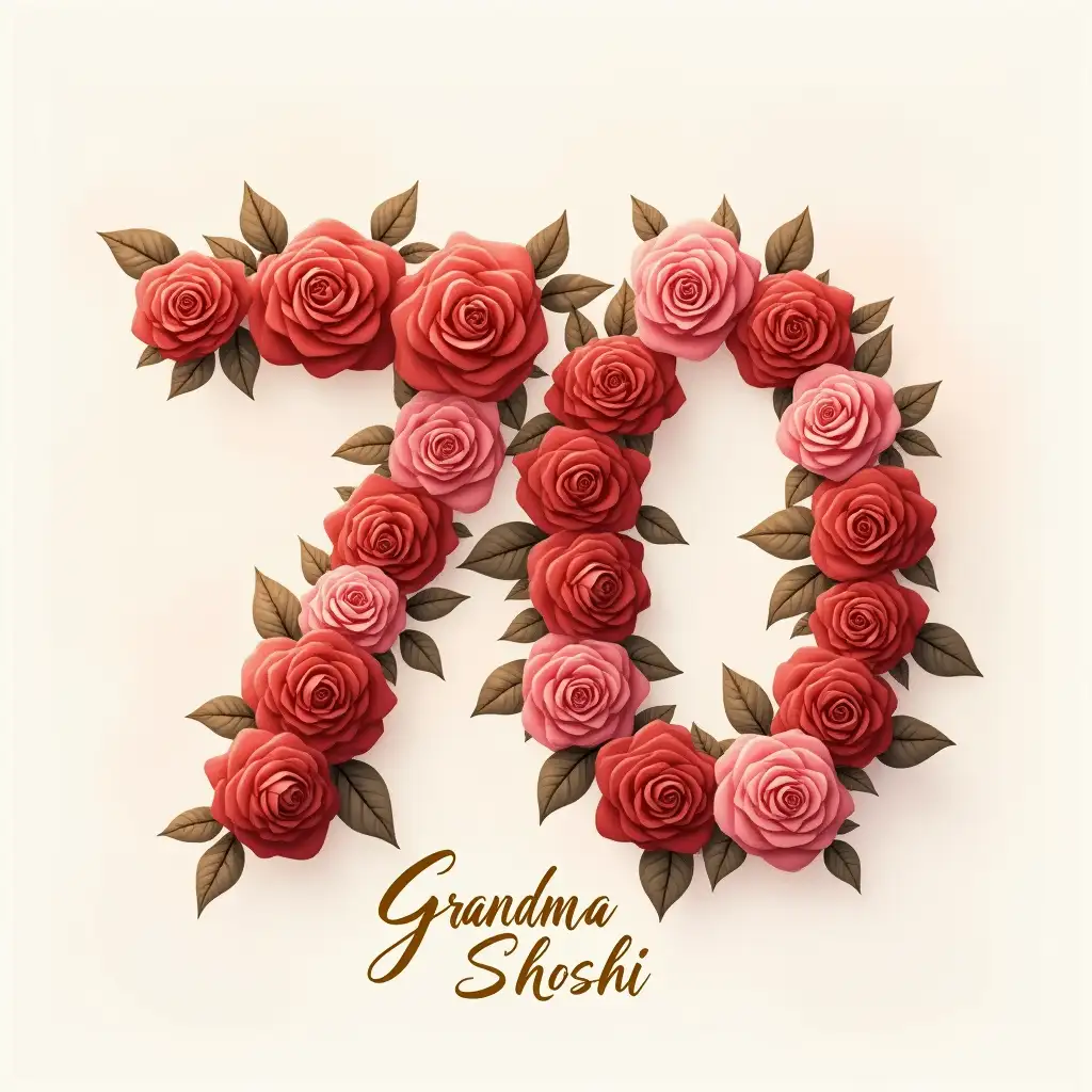 A semi-realistic, painterly-style image with a soft, family-oriented, and peaceful atmosphere. The composition features the number 70 integrated into a rich bouquet of roses in shades of red and pastel pink. Subtle gold accents appear delicately within the flowers and the text. The words 'Grandma Shoshi' are written in an elegant gold font. The background is light and soft, with warm tones that harmonize with the main colors, creating a celebratory yet gentle and respectful feel.