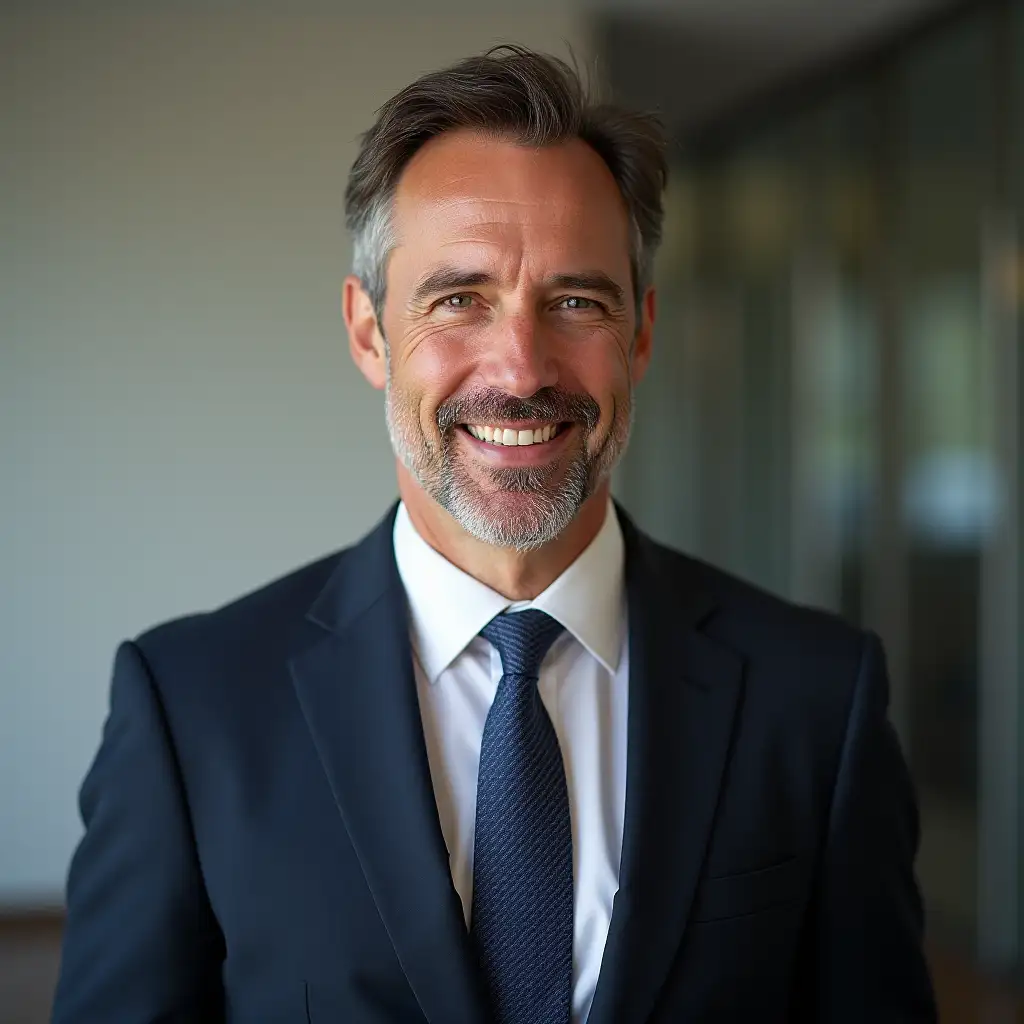 a 45 year old man, in a suit, smiling. photo