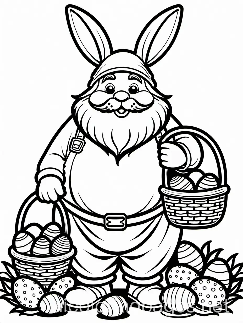 Fat gnome dressed up as the easter bunny with a basket full of eggs and chocolates, Coloring Page, black and white, line art, white background, Simplicity, Ample White Space. The background of the coloring page is plain white to make it easy for young children to color within the lines. The outlines of all the subjects are easy to distinguish, making it simple for kids to color without too much difficulty