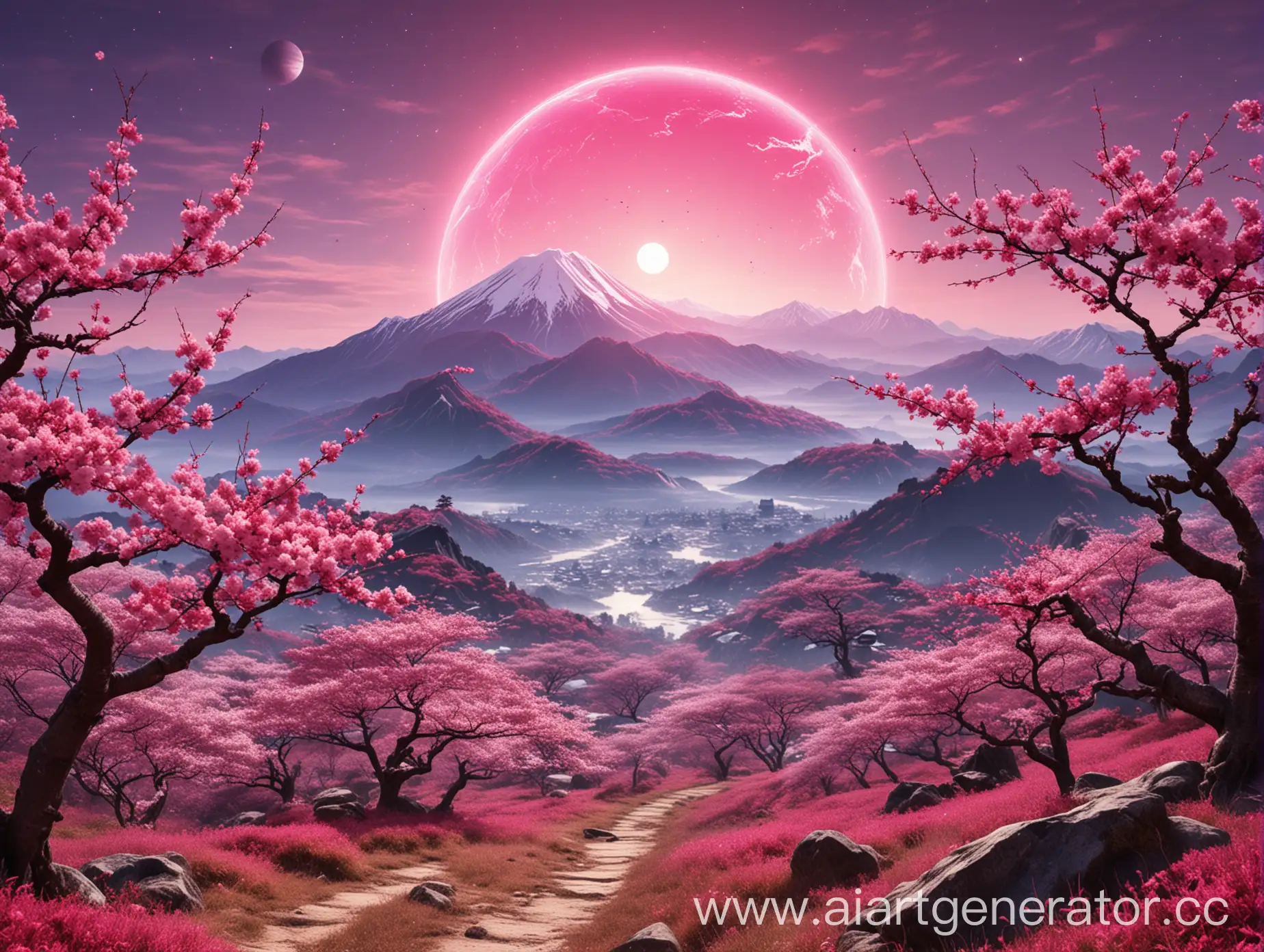 Cold-Fuchsia-Pink-Purple-Landscape-with-Sakura-Tree-and-Mountain-Silhouette