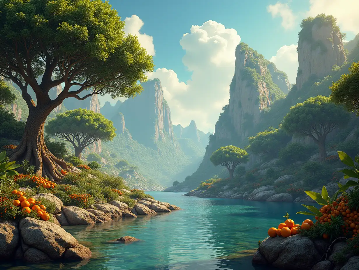 Create for me a photorealistic image of Paradise on another planet with various fruit trees