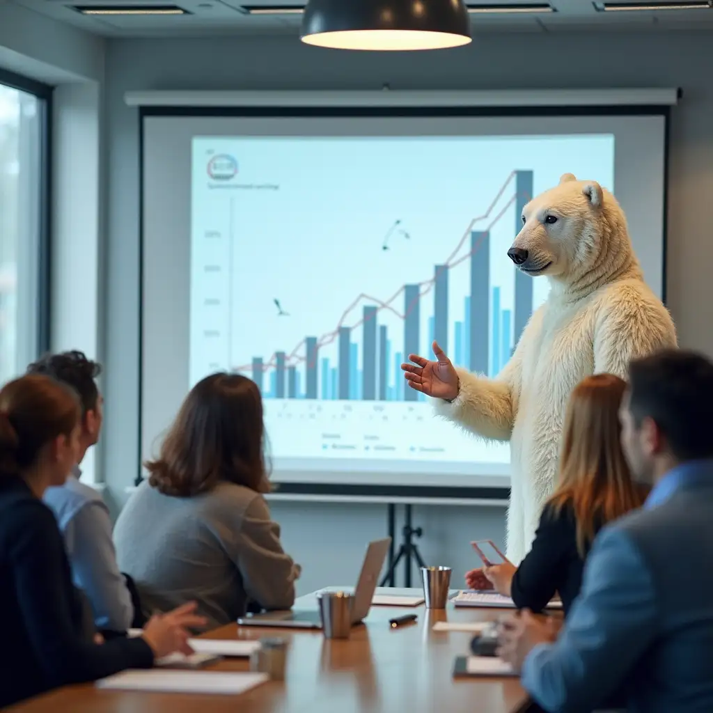 Business-Presentation-by-a-Man-in-a-Polar-Bear-Costume-in-a-Modern-Office