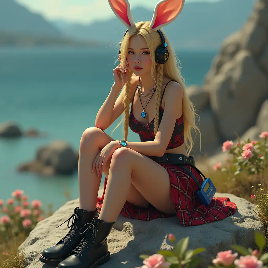 Ultra detailed hyperrealistic digital photo of a woman with bunny ears, long golden blue braided hair, wristwatch, headphones, Walkman, boots, red and black patterned miniskirt, sapphire necklace on a rock with flowers, with beautiful shoes, impeccable attention to texture, surfaces and lighting, to give depth, dimension and a photorealistic appearance.