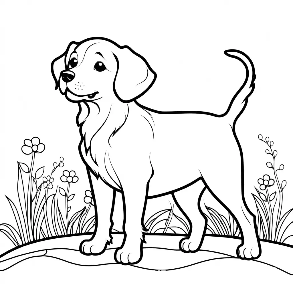 Dog, Coloring Page, black and white, line art, white background, Simplicity, Ample White Space. The background of the coloring page is plain white to make it easy for young children to color within the lines. The outlines of all the subjects are easy to distinguish, making it simple for kids to color without too much difficulty