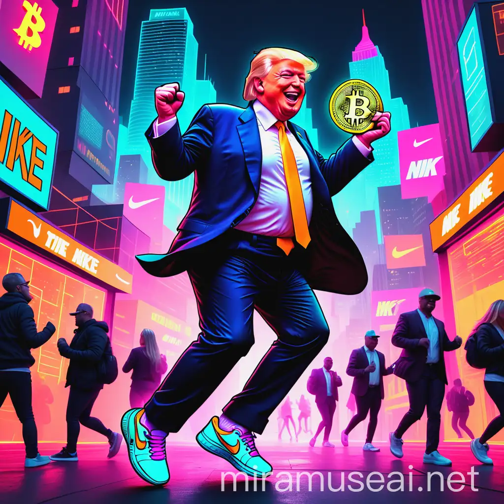 Donald Trump Dancing with Bitcoin in a Neon City