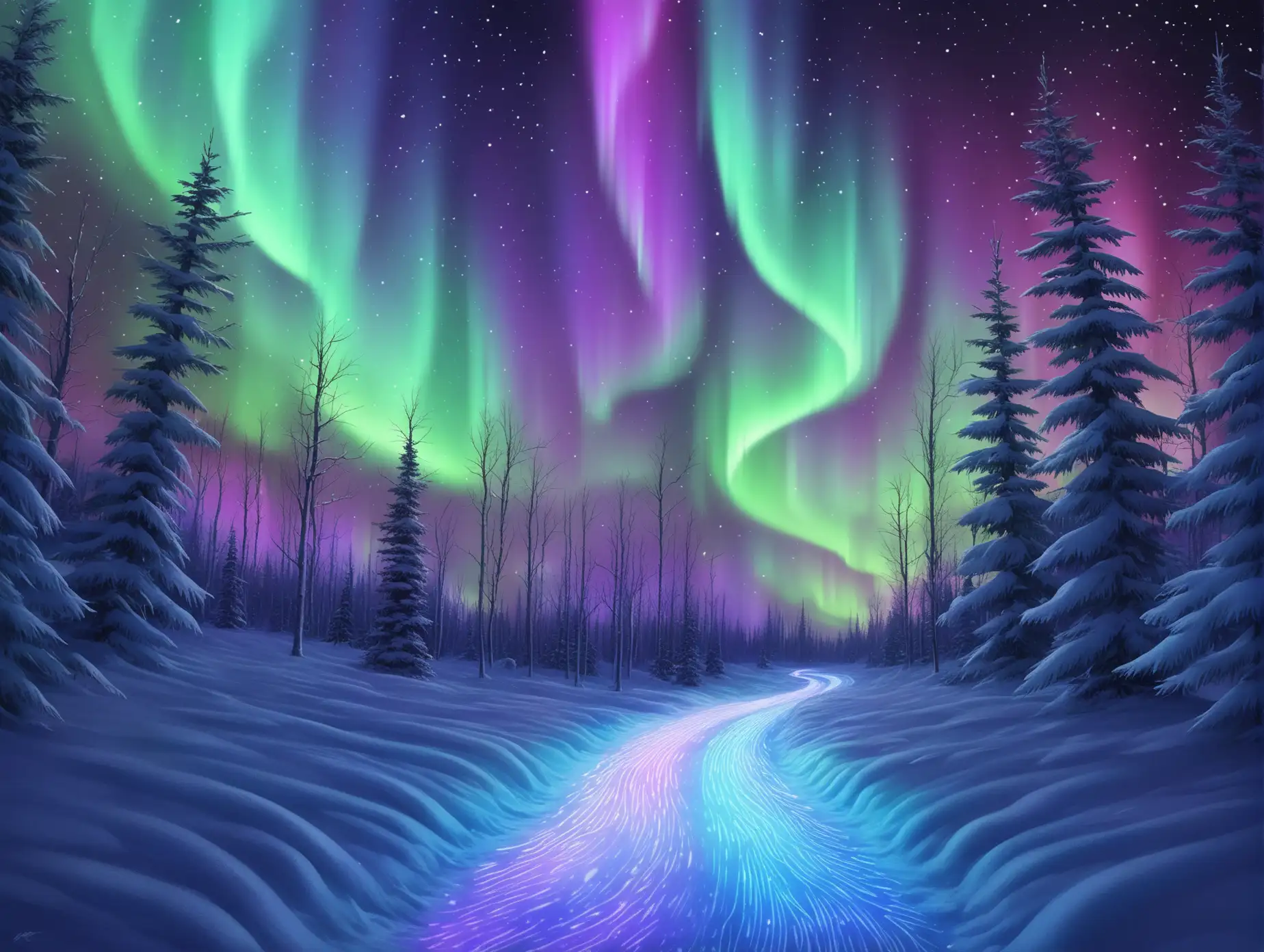 Northern-Lights-Over-a-SnowCovered-Path-to-Santas-Secret-Village