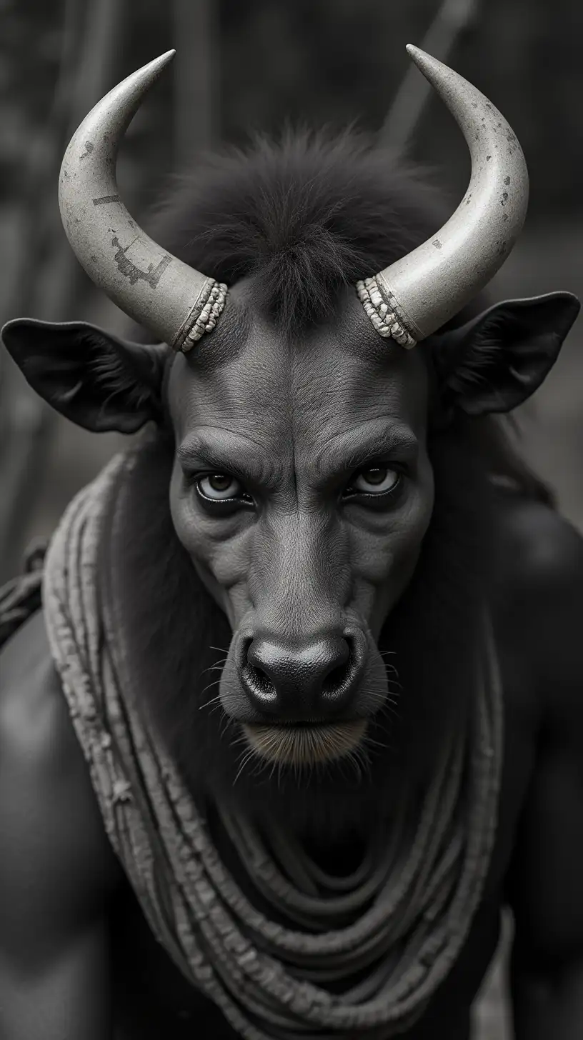 Tamil Tribal Man with Half Face as Bull in Scary Black and White