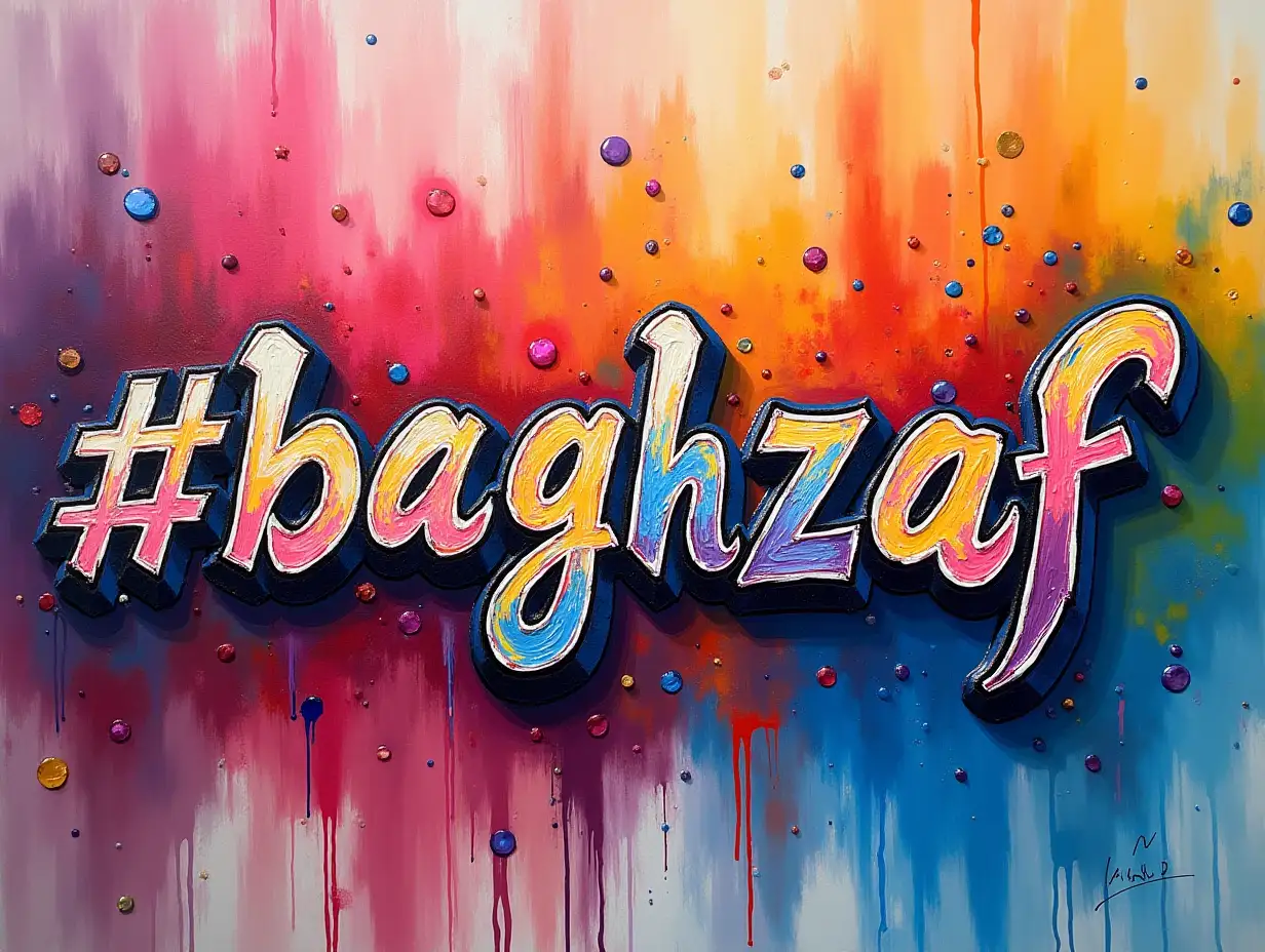 Typography '#baghzaf' Acrylic Paint.Colorful.8k. Ultra high definition.The creator's signature, 'mohsen abdallah', is placed at the bottom right corner, perfectly readable