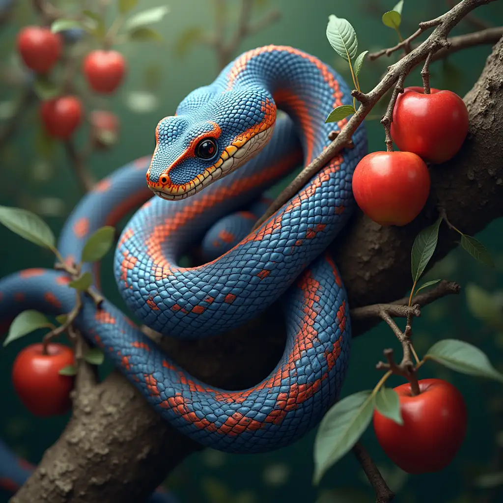 ultradetailed hyperrealistic portrait a snake with blue and red long hair sits on a branch with hanging apples with intricately detailed, colorful plants in the background wide-angle lens