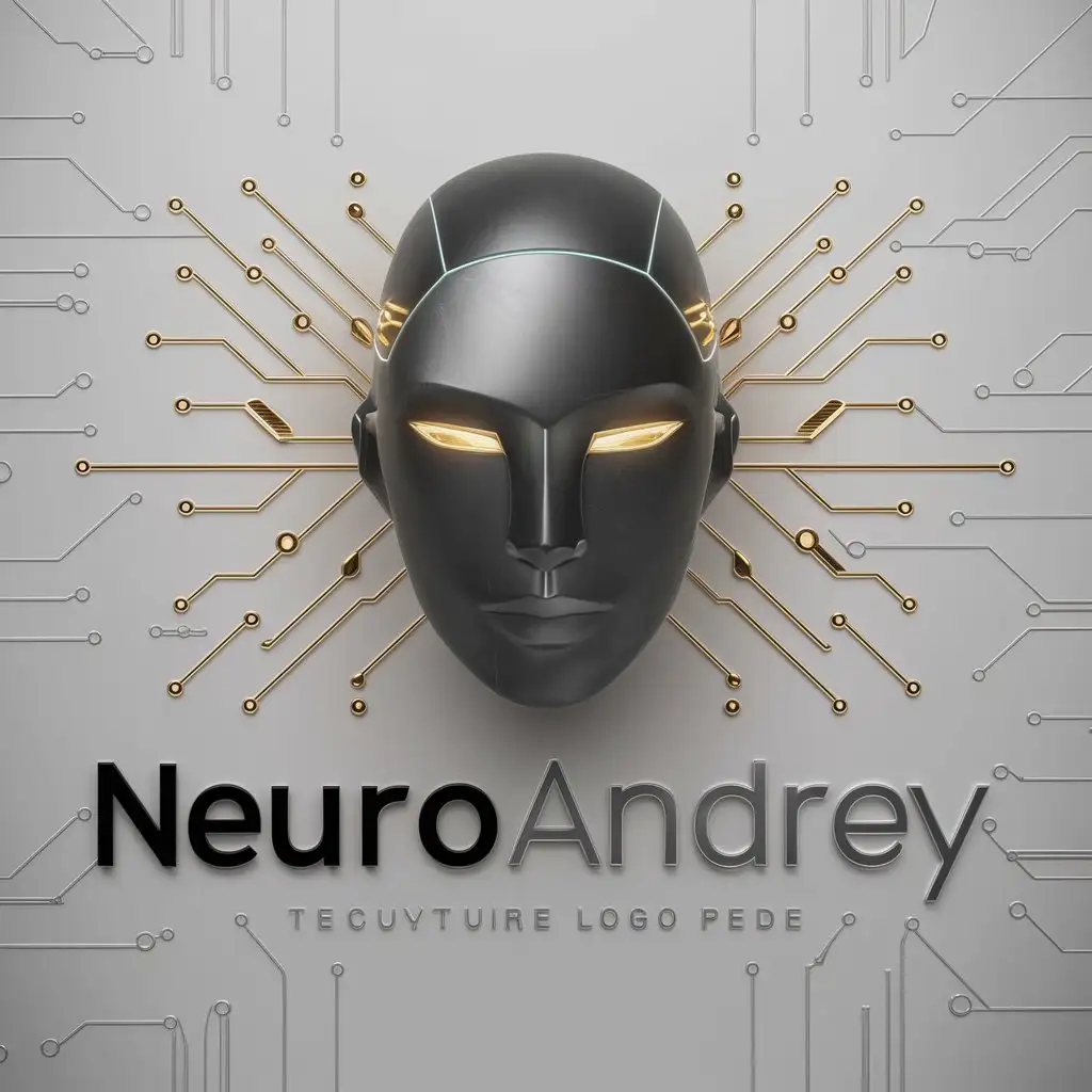 a logo design,with the text "Neuroandrey", main symbol:Minimalist futuristic AI logo, front-facing view. Centered stylized robotic head with smooth metallic texture. Abstract geometric shapes forming a sleek, intelligent face. Glowing golden accents within dark metallic structure. Neural network patterns radiating symmetrically from the head. Text 'NeuroAndrey' centered below in modern, sans-serif tech-inspired font. Light gray background with subtle circuit-like lines. Black and silver color scheme with gold highlights. Clean, professional 2D design with high contrast and sharp details. Cyberpunk aesthetic meets corporate professionalism,Moderate,be used in Technology industry,clear background