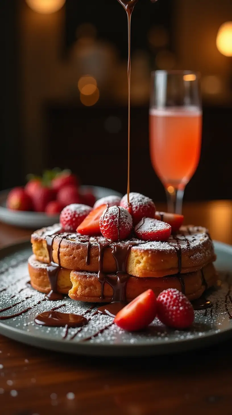 CloseUp of Decadent Strawberry French Toast with Mimosa