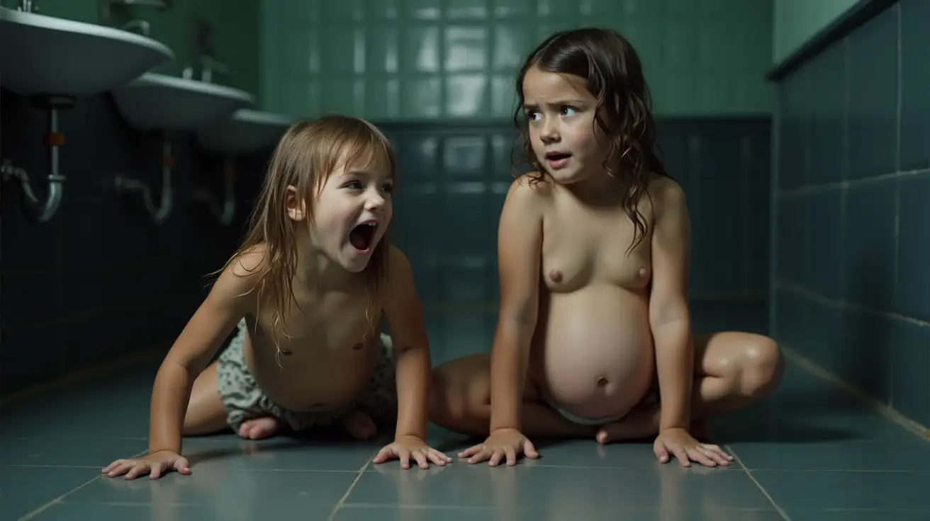 Two-Girls-in-School-Bathroom-with-Wet-Hair-and-Pregnant-Bellies