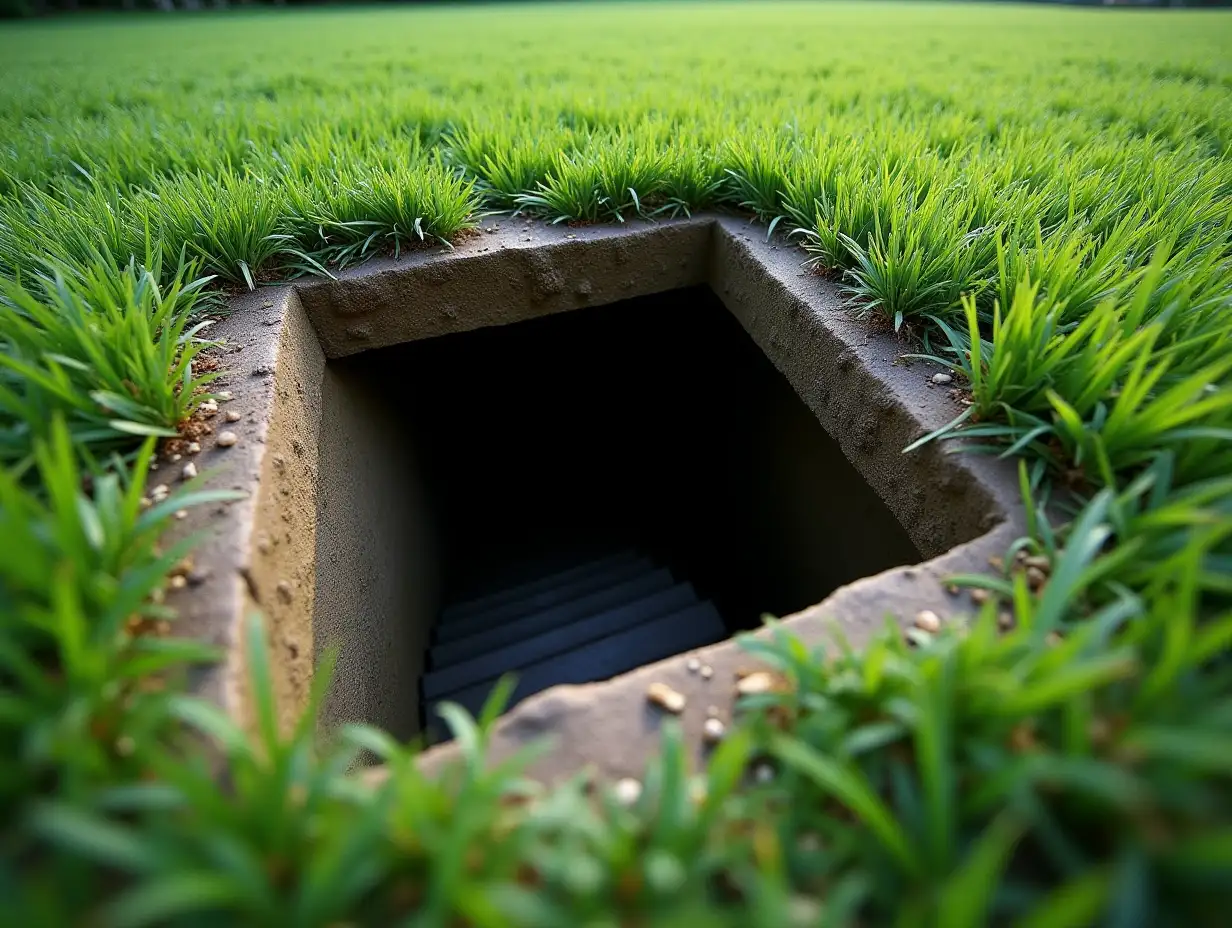 grass, garden with short grass with a square hatch of 0.5 meters, equal to the ground. The hatch is open so it is standing upright. View in dark hole with stairs downstairs