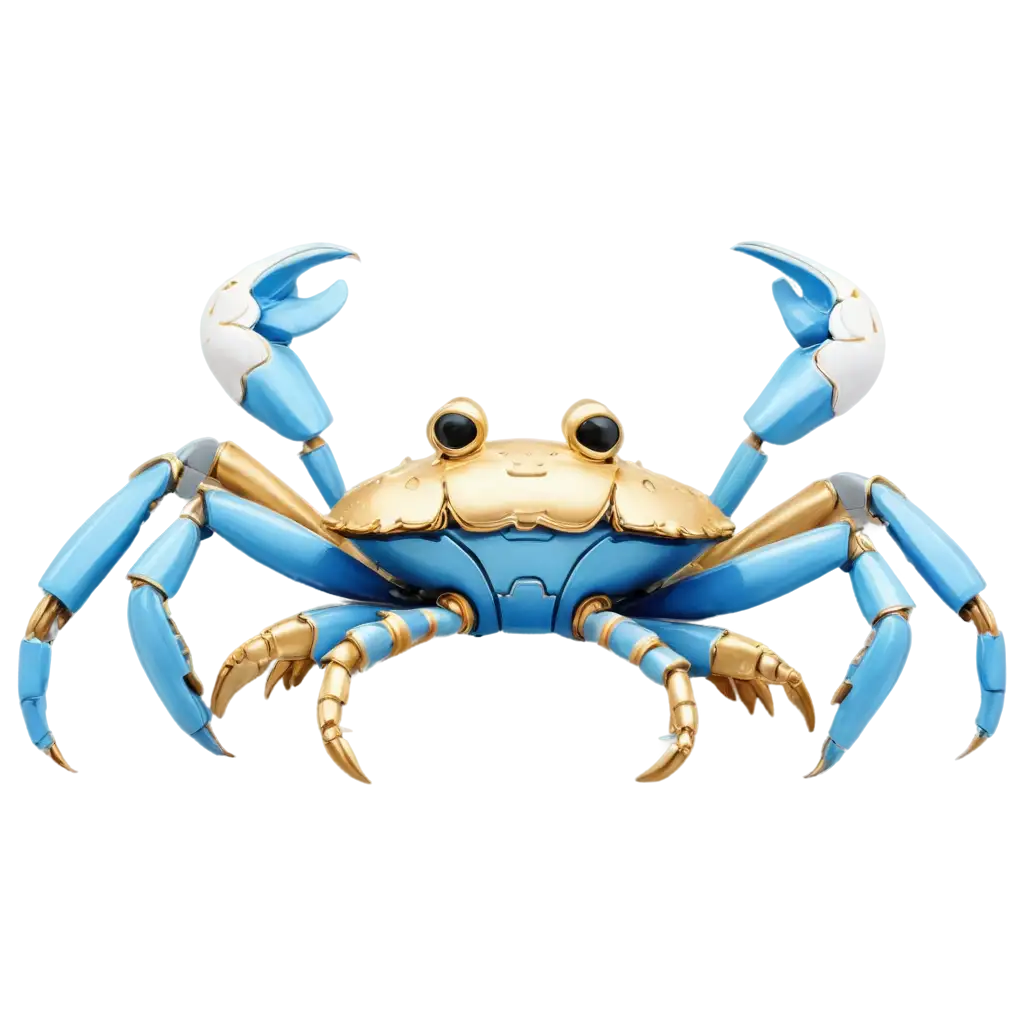 A walking robot crab dressed in Blue and white porcelain style Ceramic material, full body, wearing colorful goggles and headdress, Louis Vuitton patterns, fine and glossy，light blue and gold combination, high-end luxury colors, perfect details, super rich texture, super realistic. Gray background