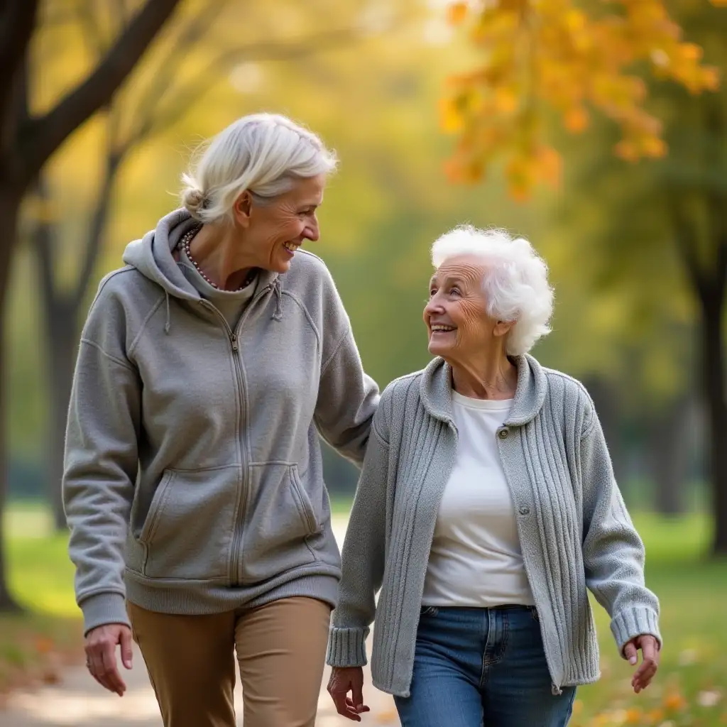 a nice 30 year old caring for a mobile elderly dementia patient walking through a park