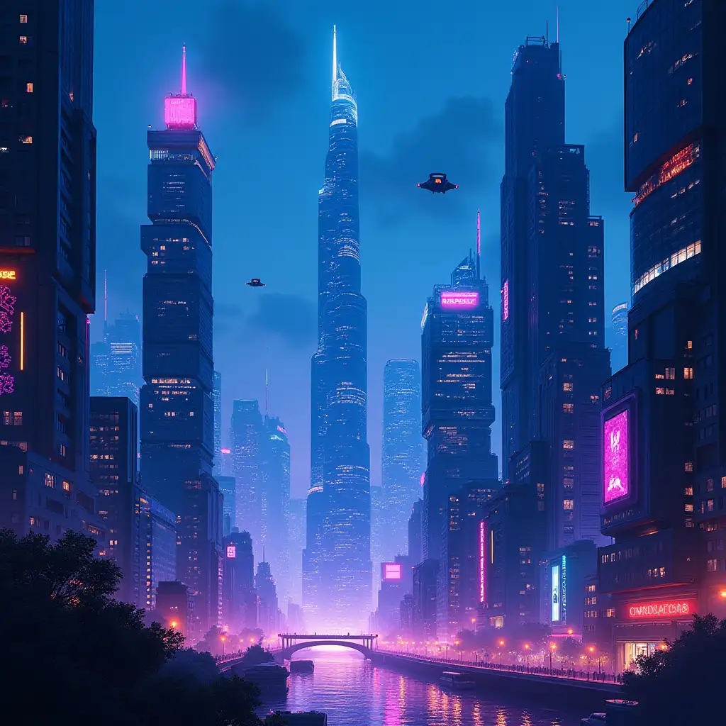 Futuristic-Cityscape-at-Night-with-Neon-Lights-and-Flying-Vehicles