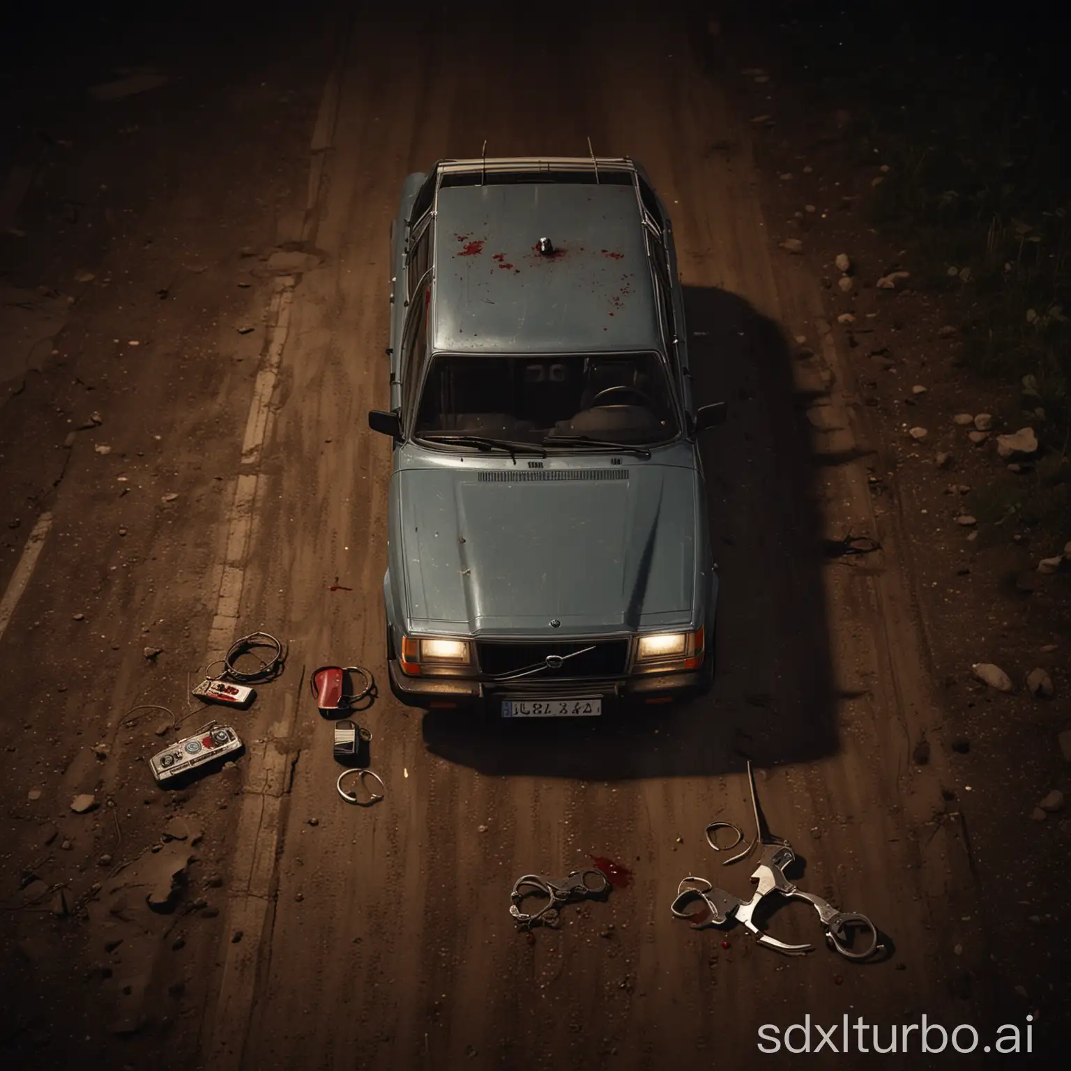 Volvo-242-Night-Scene-with-Moonlight-Open-Doors-Guns-and-Handcuffs