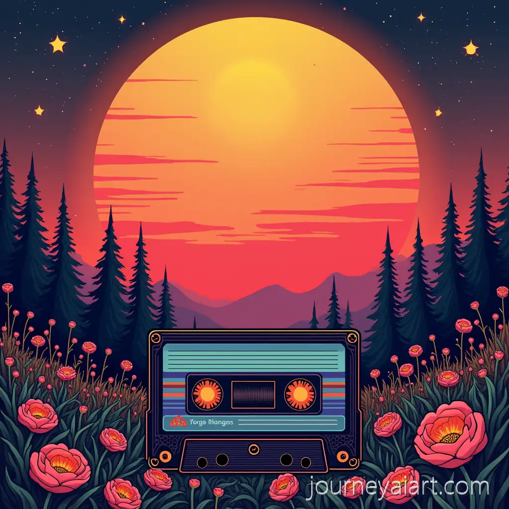Sunset-Gradient-Background-with-Retro-Cassette-Tapes-and-Celestial-Moon-DesignSunset-cassette-flower-design
