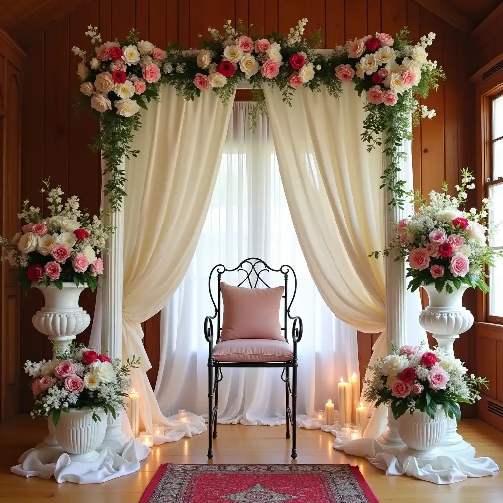 1980s-Classic-Wedding-Dais-with-Floral-Arrangements-in-a-Wooden-Living-Room