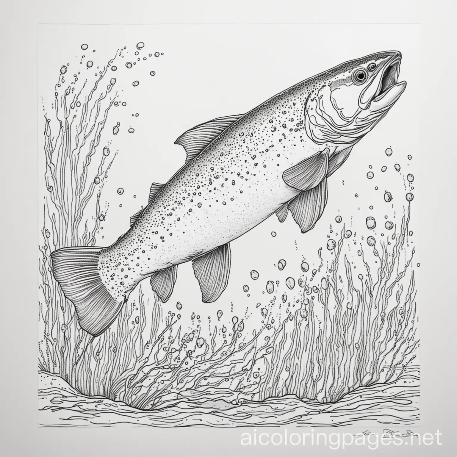 Trout-Swimming-Coloring-Page-Black-and-White-Line-Art-with-Ample-White-Space