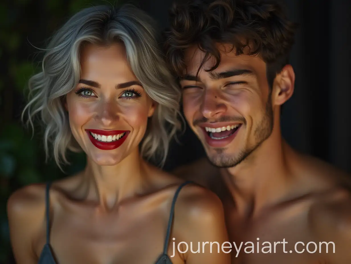 Elegant-Woman-in-Blouse-Expressing-Delight-Next-to-Young-Brutal-Guy