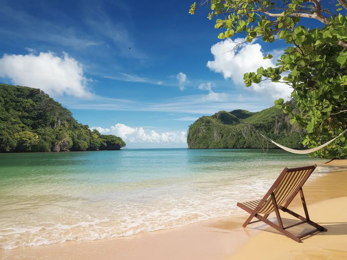 Background image, poetry and distant places, pleasurable travel plans. Bright sunshine, blue sky with white clouds, sea waves and beach, forest and grassland.