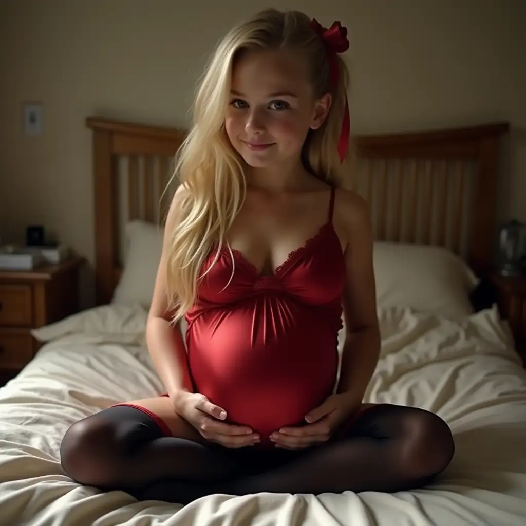 A raw photo of a slender young blonde girl with a big pregnant belly, she is wearing a red silk nightie with a deep neckline and knee-high black stockings with a ribbon in her hair, on a bed