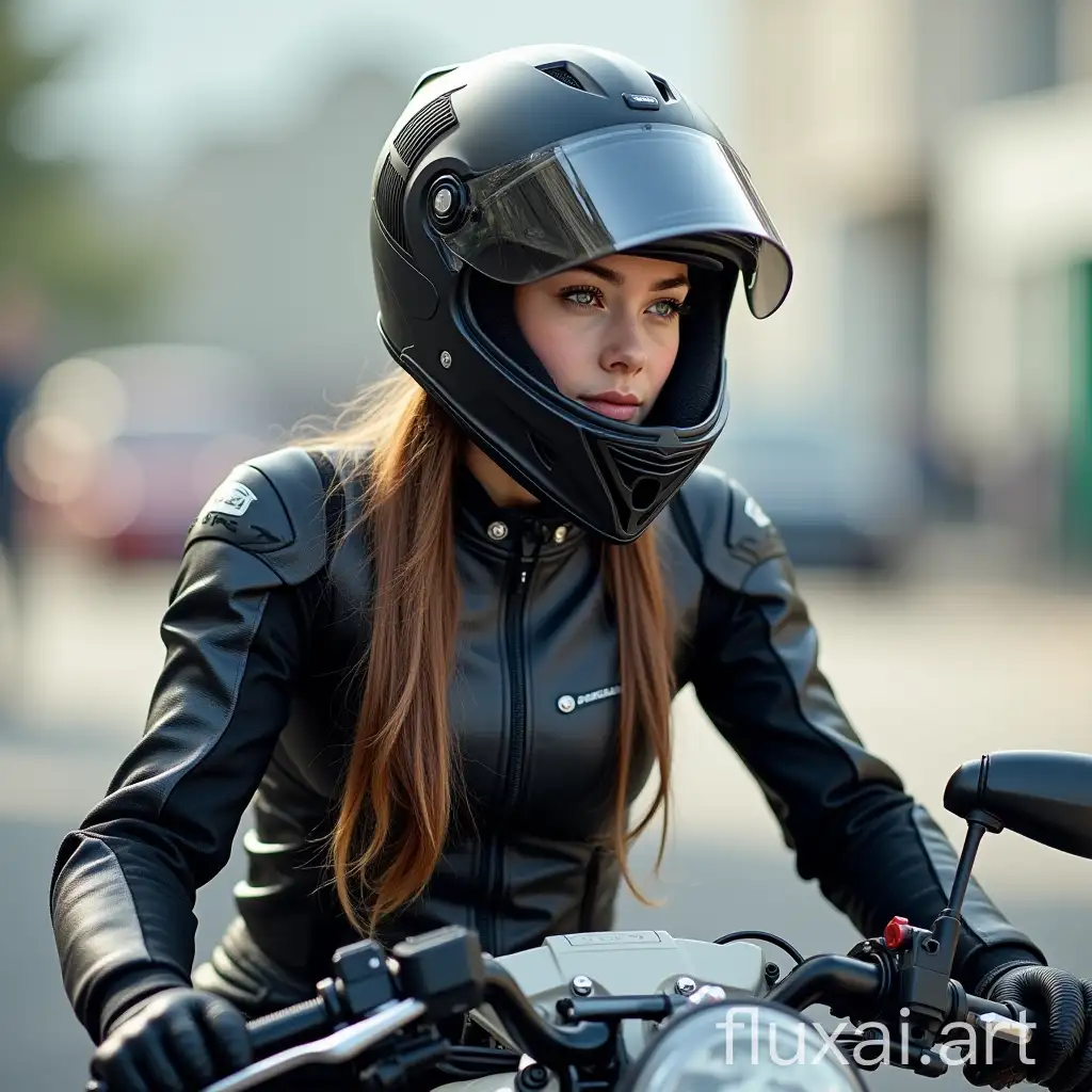 young female, wearing sportbike gear, seating on sportbike